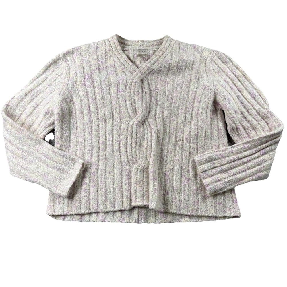 Alps‎ Sweater Womens L Pullover V Neck Pastel Cable Knit Long Sleeve Casual Cozy